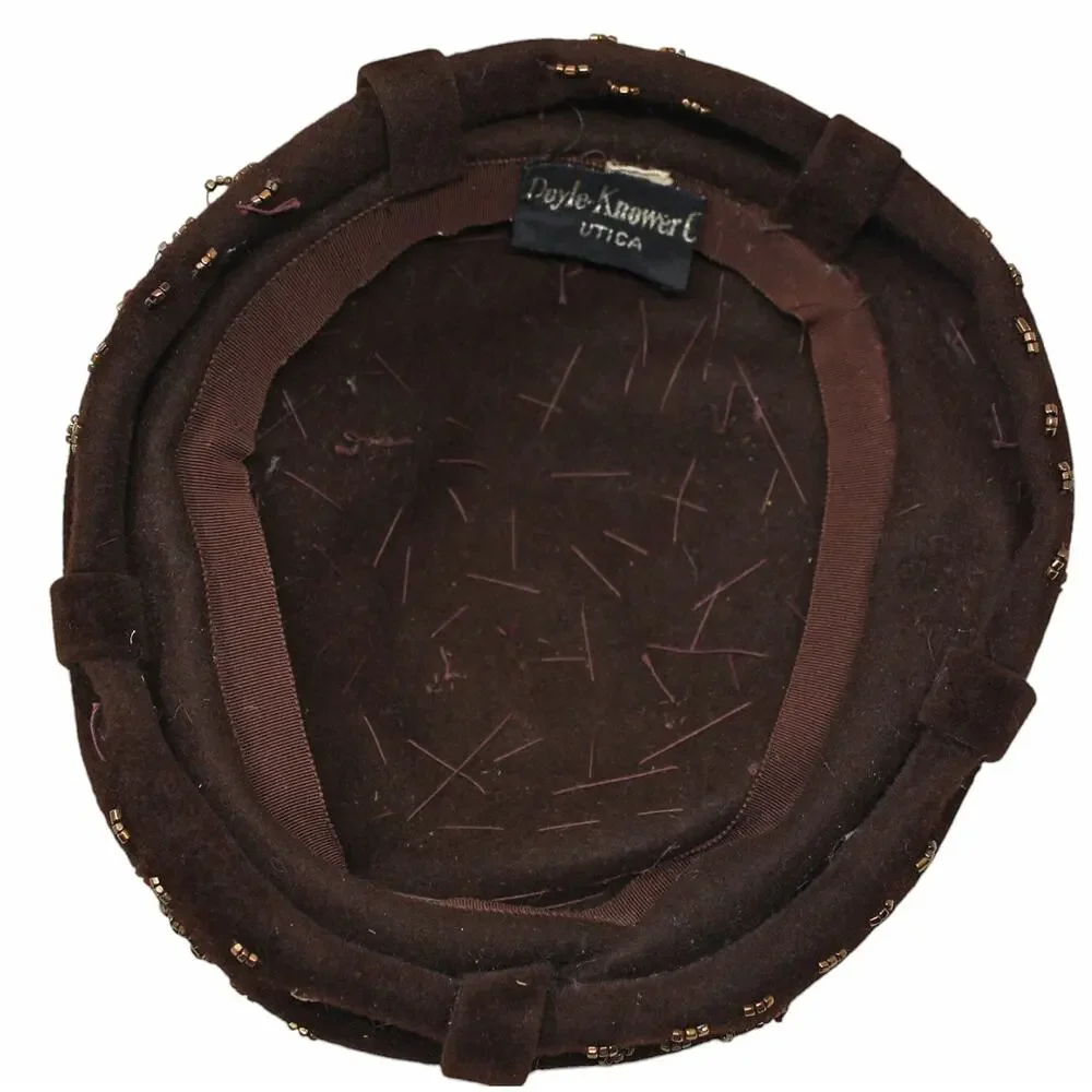 Vintage 40s 50s Brown Felt Hat w Beads Sequins Doyle-Knower Co Utica NY- Hey Viv - Picture 6 of 9